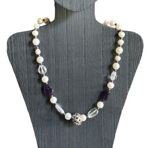 Freshwater Pearl & Natural Amethyst Beaded Necklace 15" Natural Stone Choker